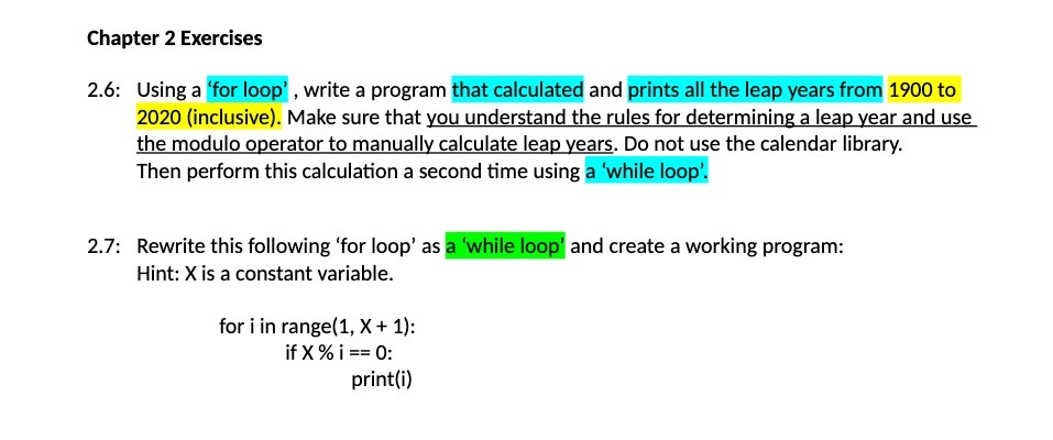  Chapter 2 Exercises 2.6: Using a 'for loop' , write a