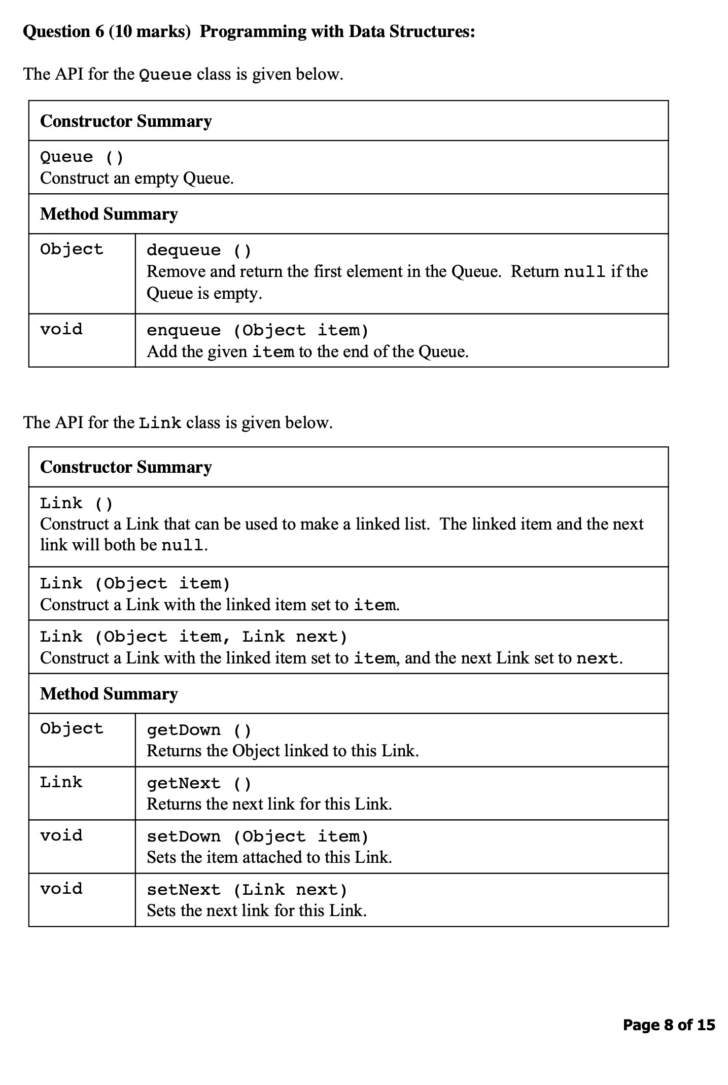  Question 6 (10 marks) Programming with Data Structures: The API for