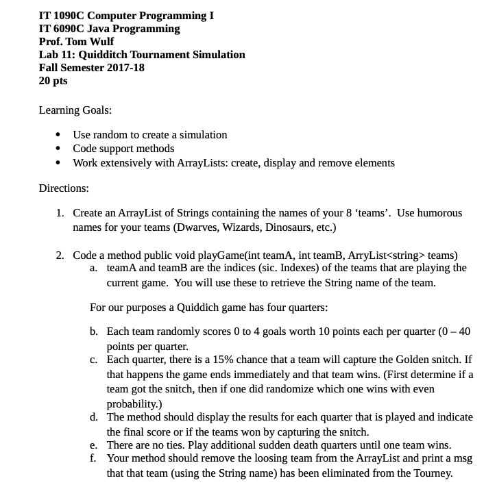  IT 1090C Computer Programming I IT' 6090 0 Java Programming* Prof