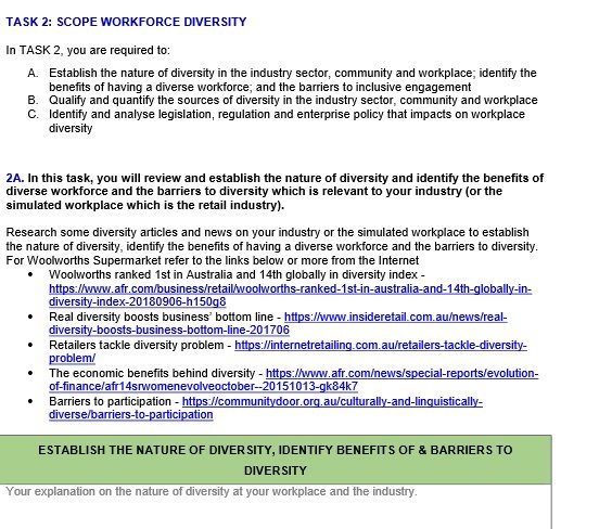  TASK 2: SCOPE WORKFORCE DIVERSITY In TASK 2, you are required