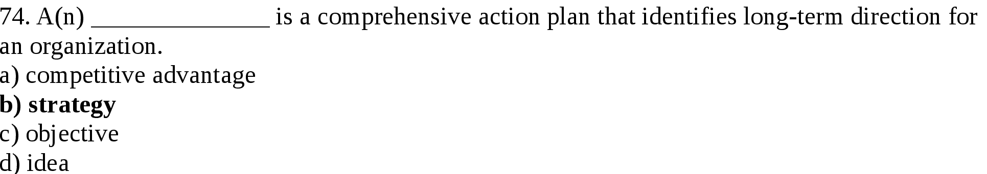  74. A(n) is a comprehensive action plan that identifies long-term direction