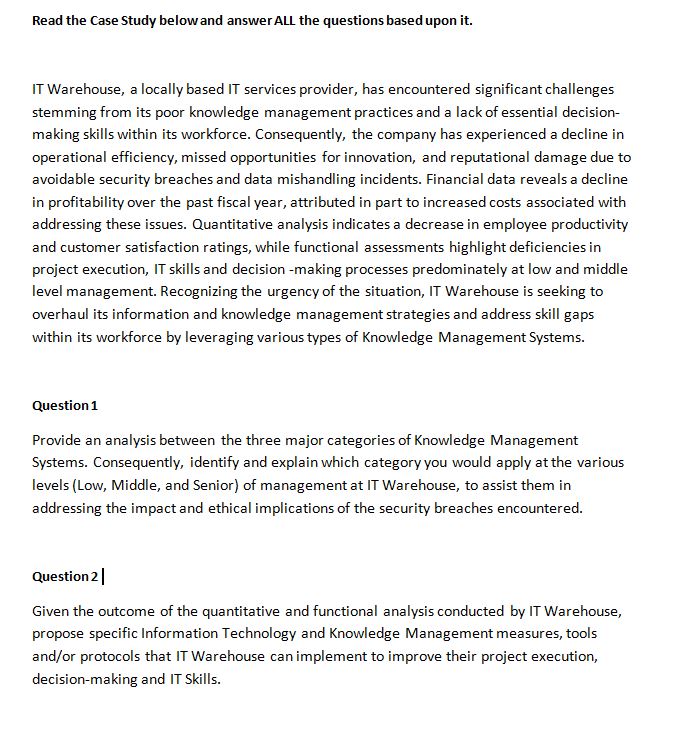 Read the Case Study below and answer ALL the guestions based