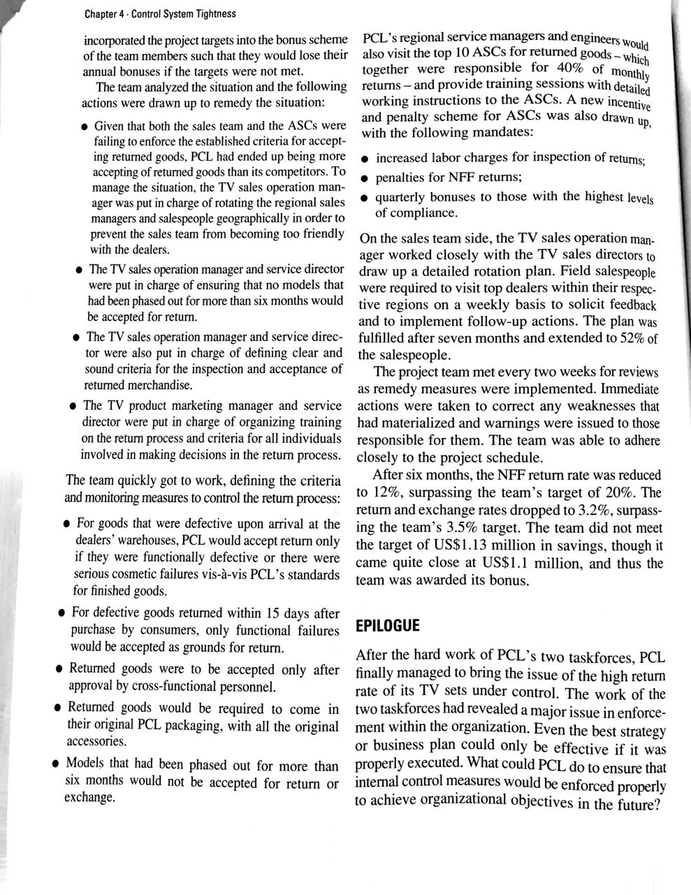 PCL draw from its exercise in controlling the high rate of returned