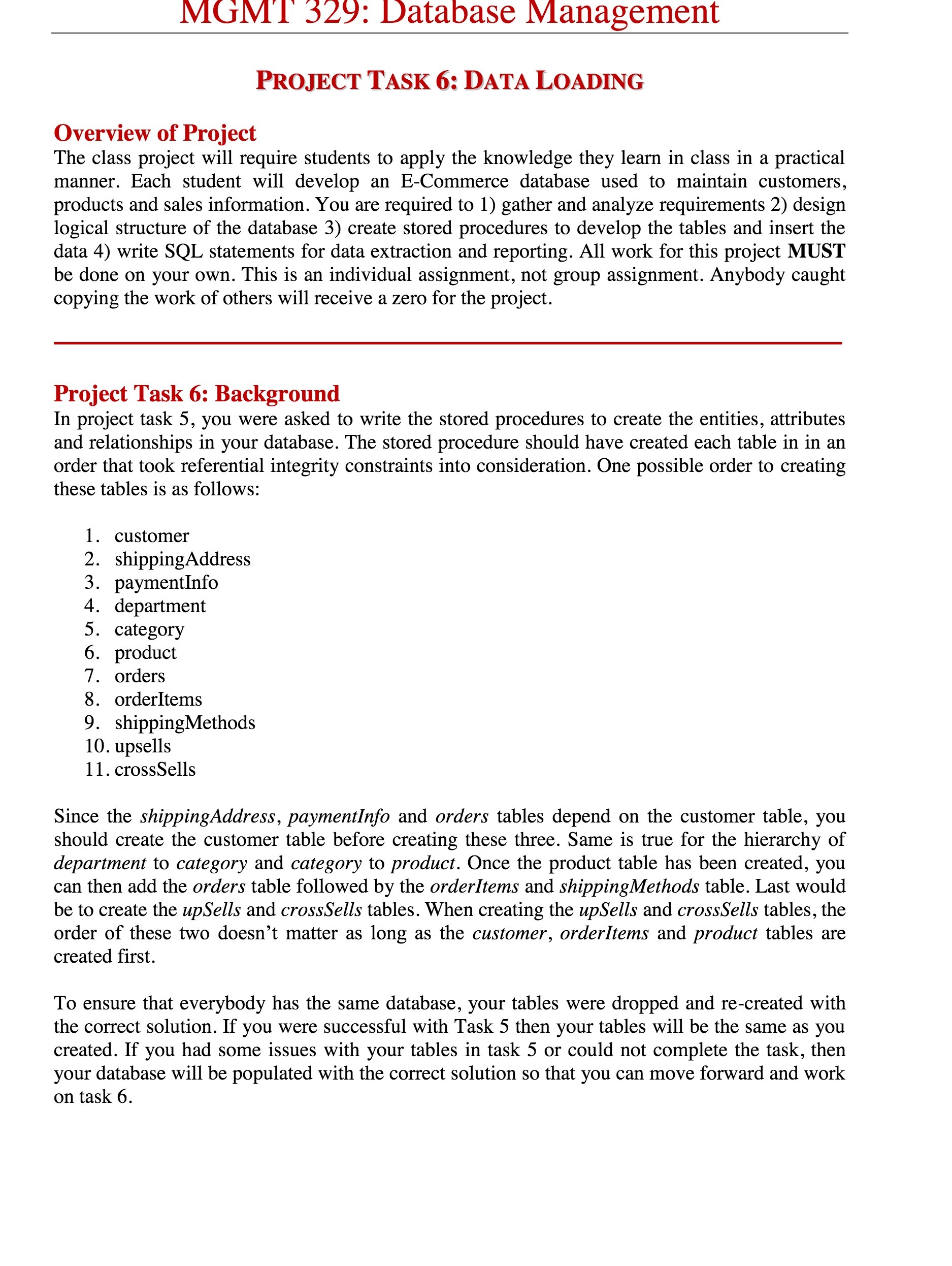  MGM'l' 329: Database Management PROJECT TASK 6: DATA LOADING Overview of