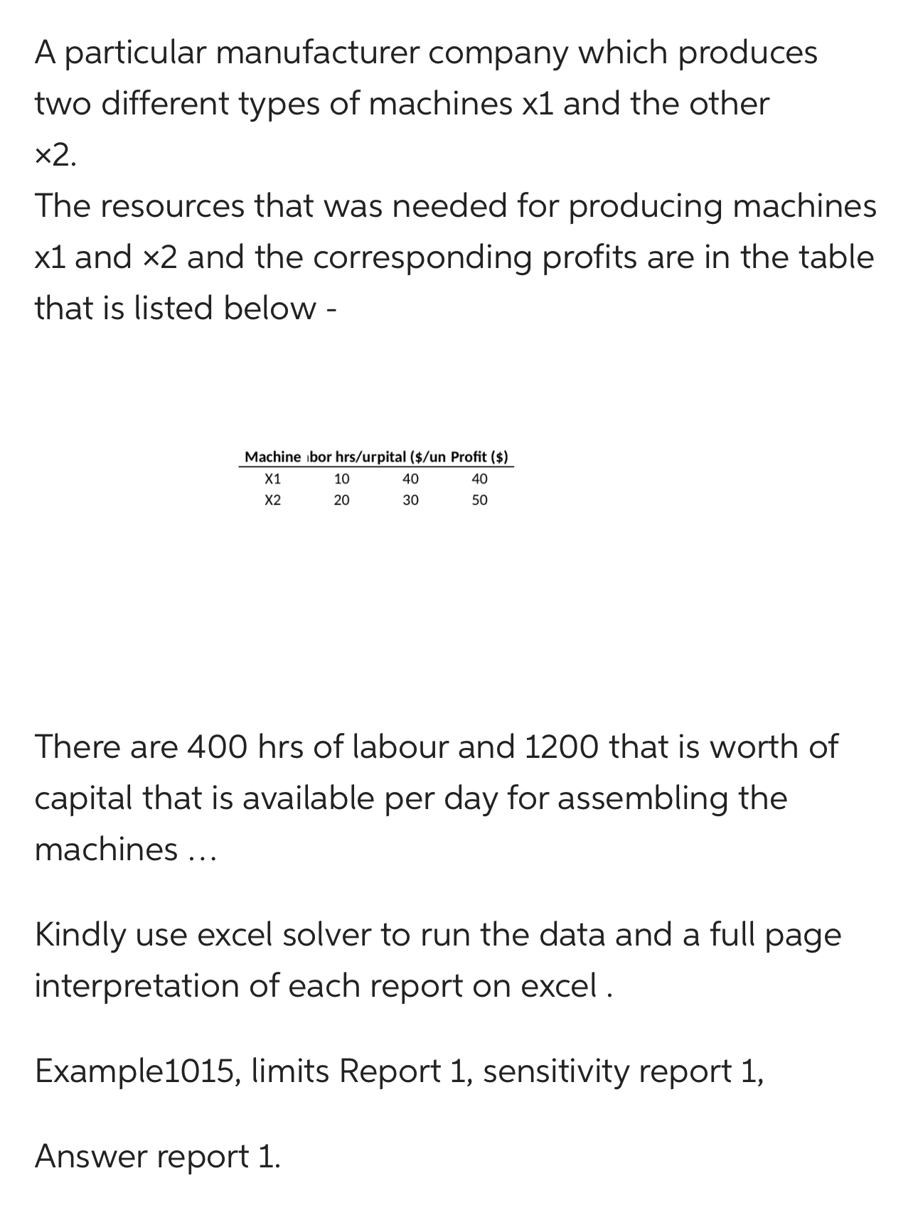 on excel Objective Cell Decision Variables 9D Machine X1 X2 Total Labor