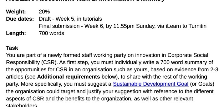  Weight: 20% Due dates: Draft - Week 5, in tutorials Final