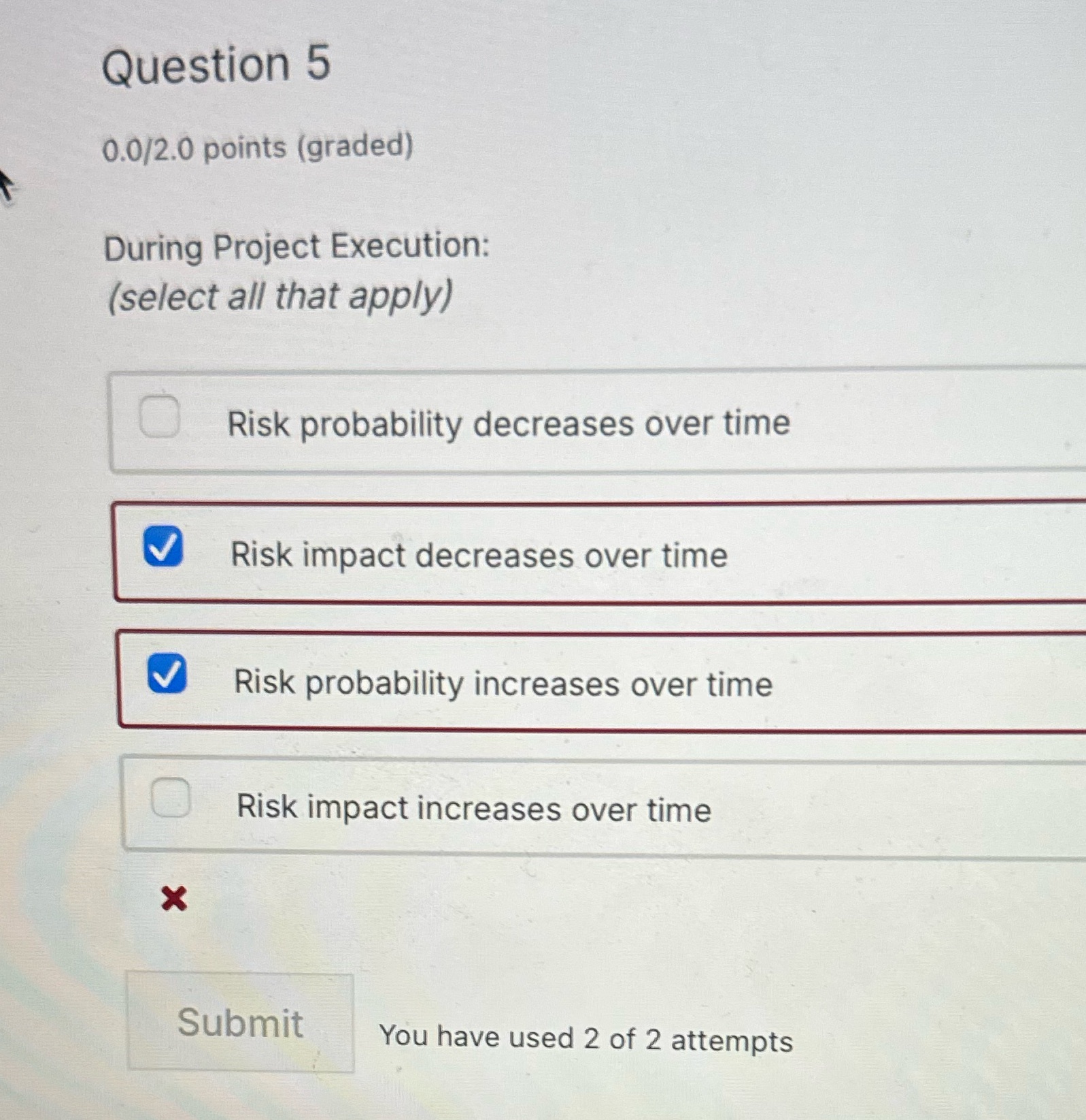  Question 5 0.0/2.0 points (graded) During Project Execution: (select all that