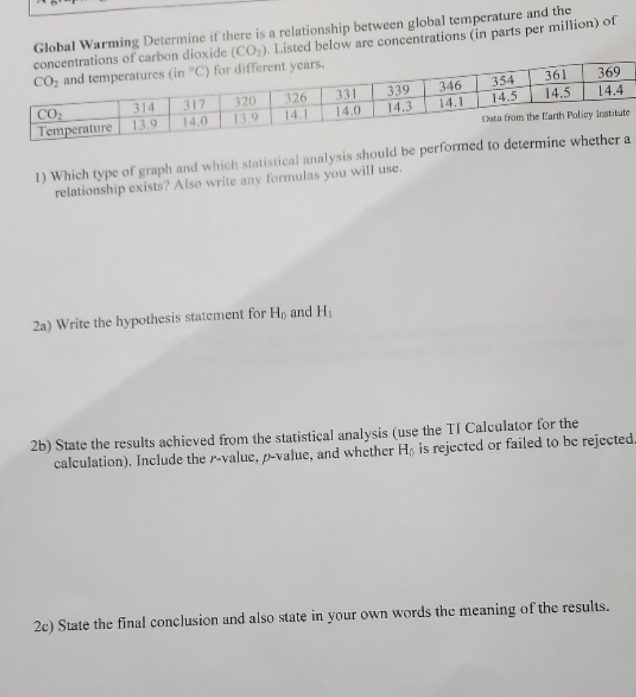 statistics Global Warming Determine if there is a relationship between global temperature