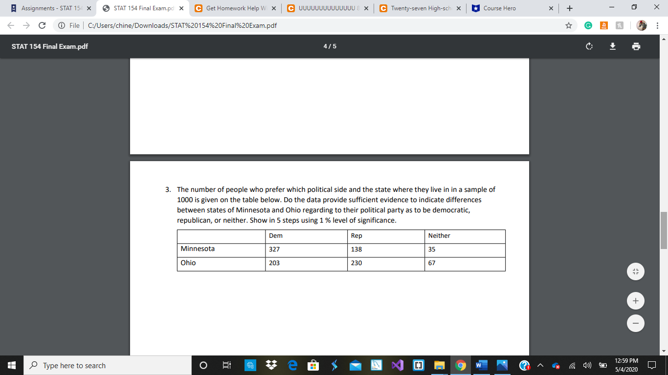 Statistics and Probability Assignments - STAT 154 X 5 STAT 154 Final