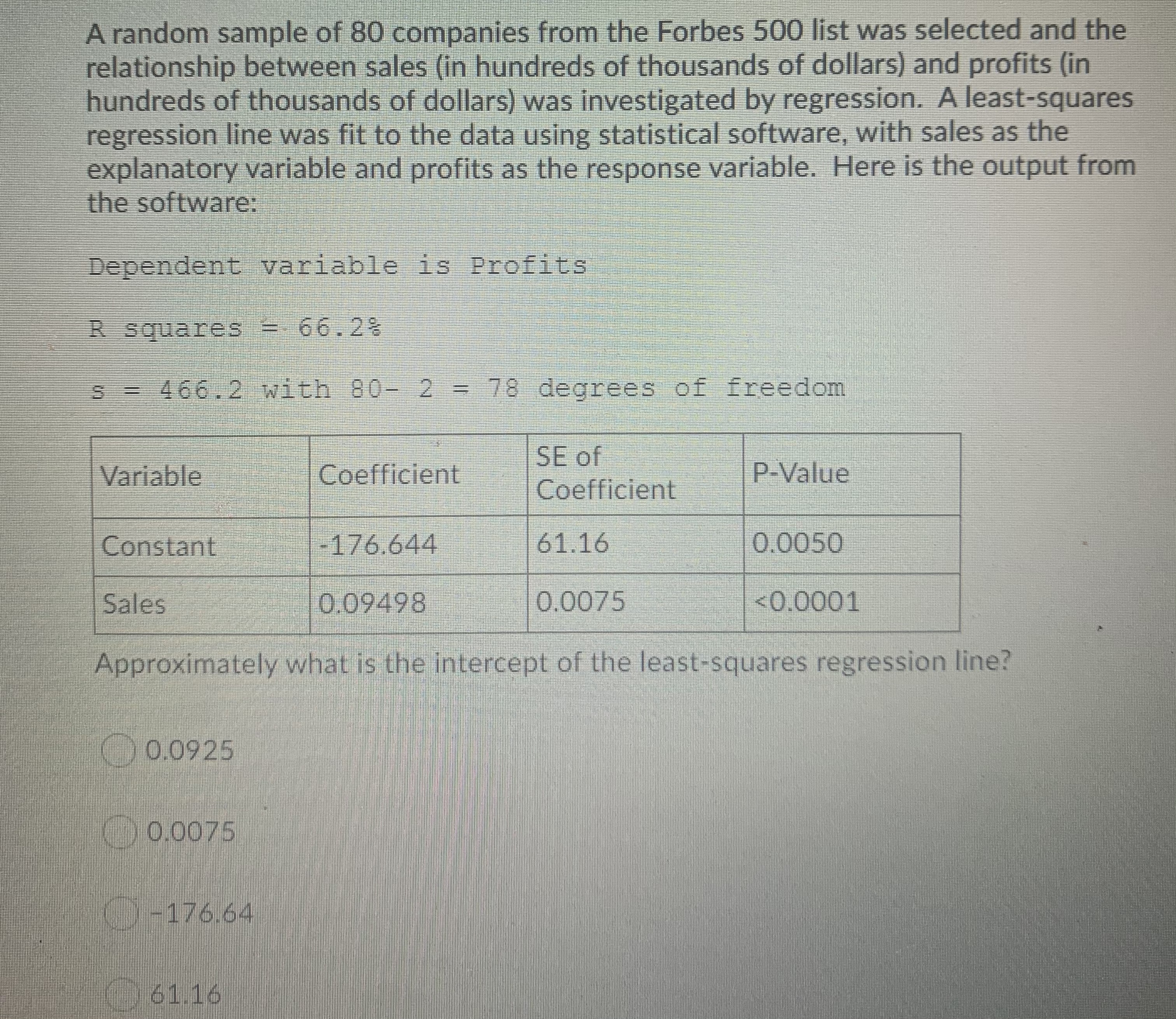 regression, the statistic s represents )The estimate of the standard deviation s