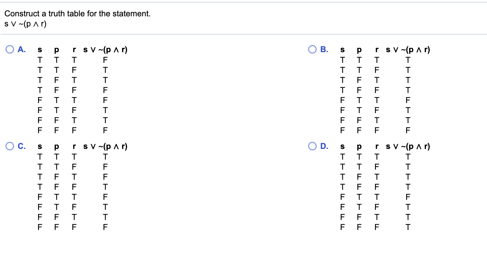 hey i need help Construct a truth table for the statement. SV