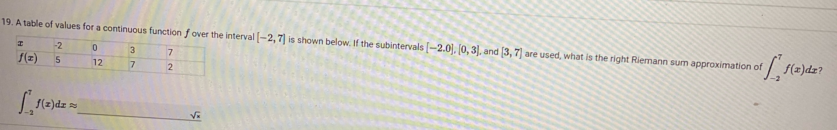  19. A table of values for a continuous function f over