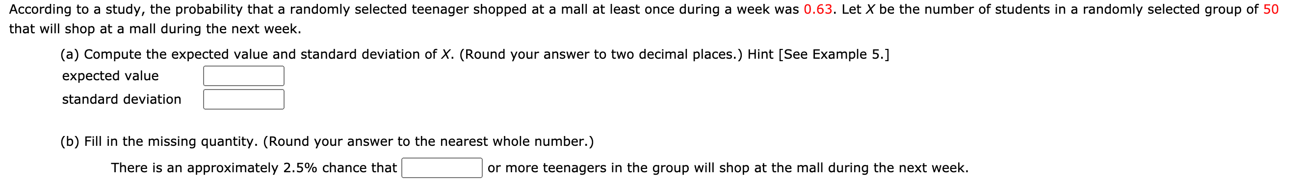 Compute expected value and standard deviation. Fill in the missing quantity. Refer