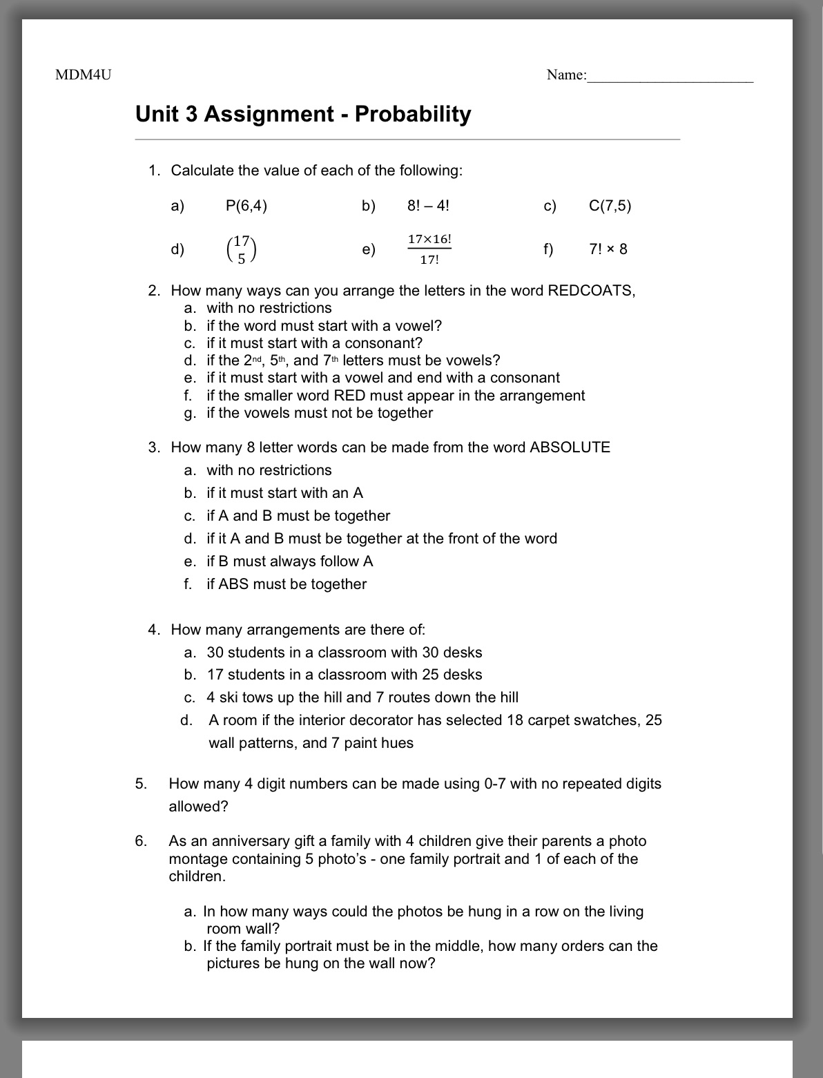 finish this assignment Unit 3 Assignment - Probability 1. Calculate the value