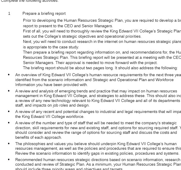  Prepare a briefing report Prior to developing the Human Resources Strategic