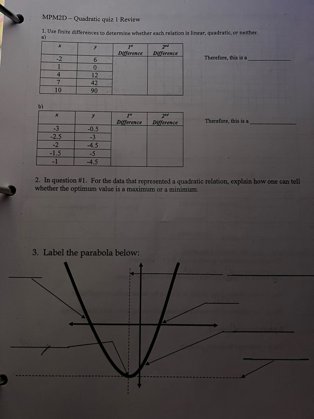 Can anyone please answer this math problem? MPM2D - Quadratic quiz 1