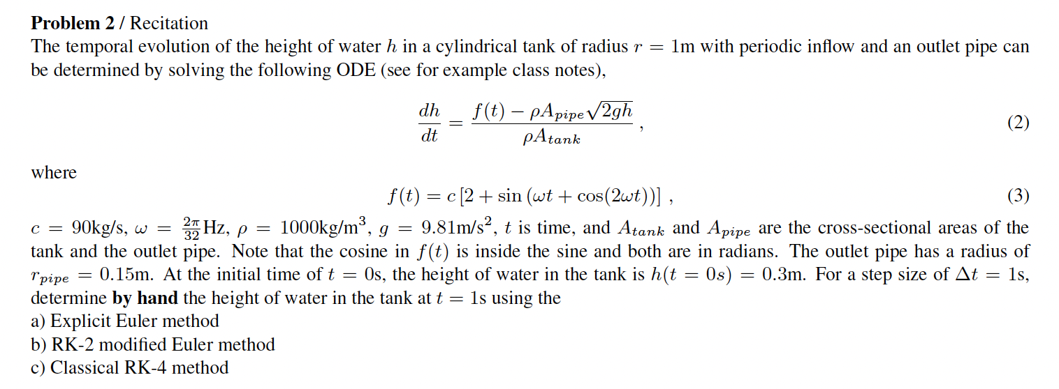 Problem 2 / Recitation The temporal evolution of the height of