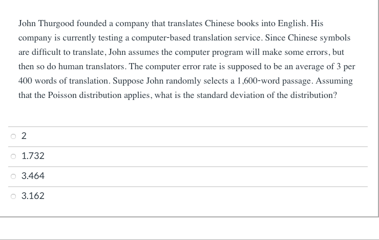 could you please help me find the standard deviation for this problem