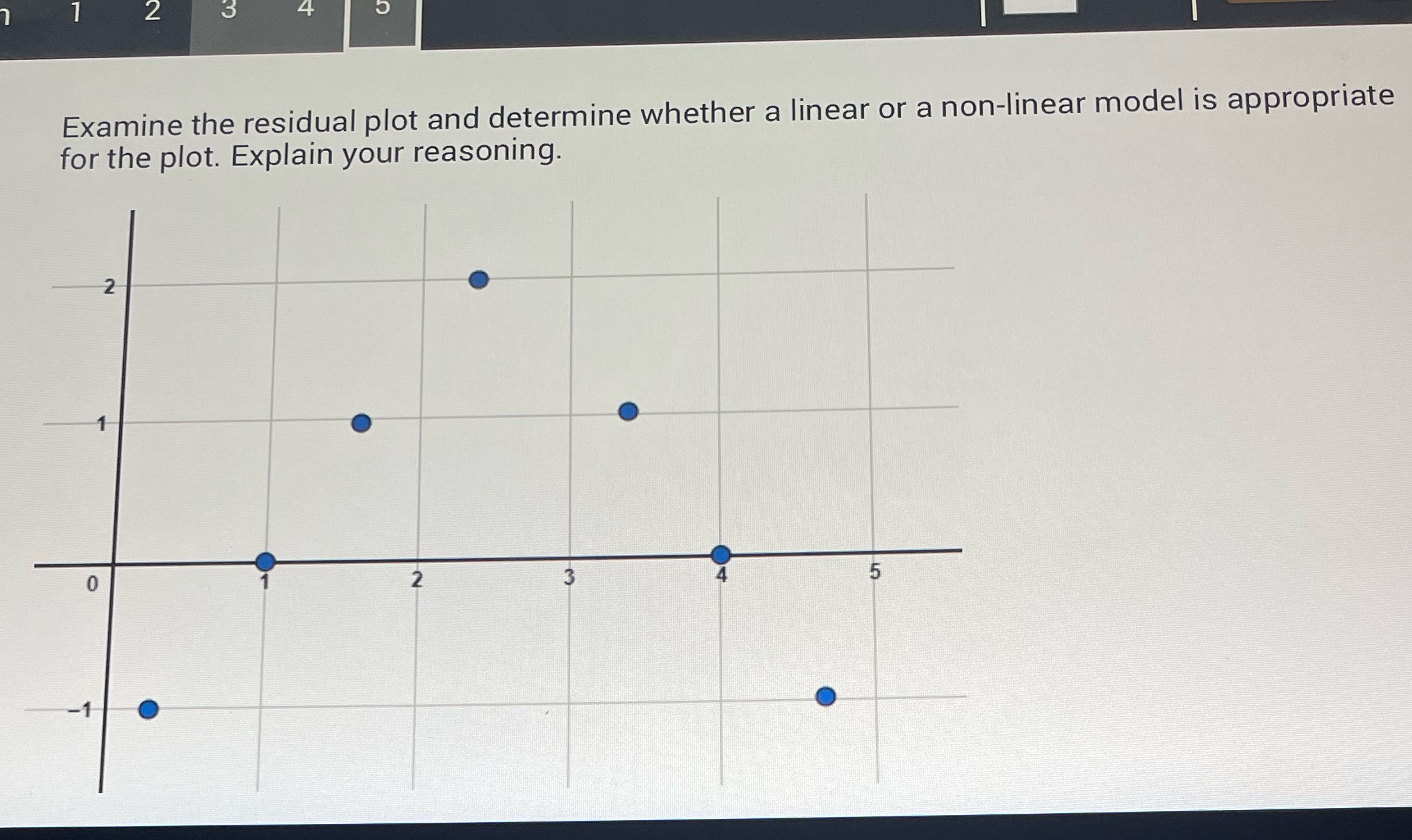  \"_.__ Examine the residual plot and determine whether a linear or
