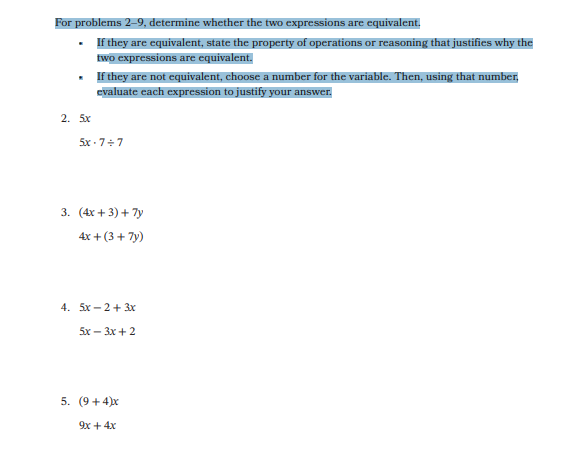  For problems 2-9, determine whether the two expressions are equivalent. If