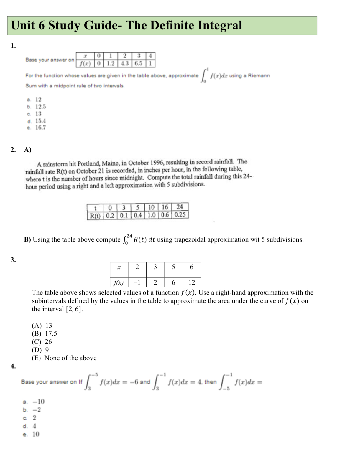  Unit 6 Study Guide- The Definite Integral 1 . Base your