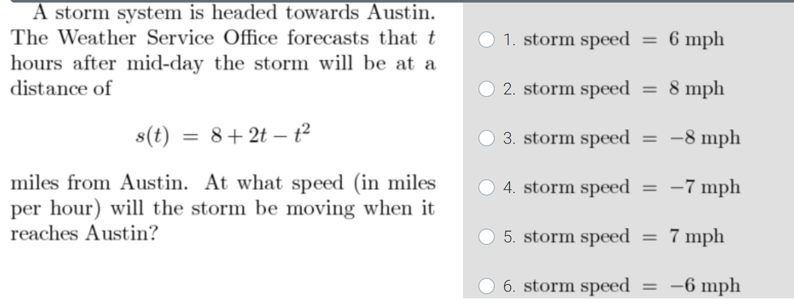 The Weather Service Oice forecasts that t hours after mid-day the storm