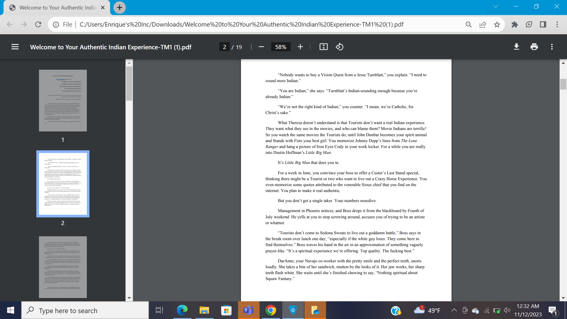 character from the short story "Welcome to your Authentic Indian Experience" ?