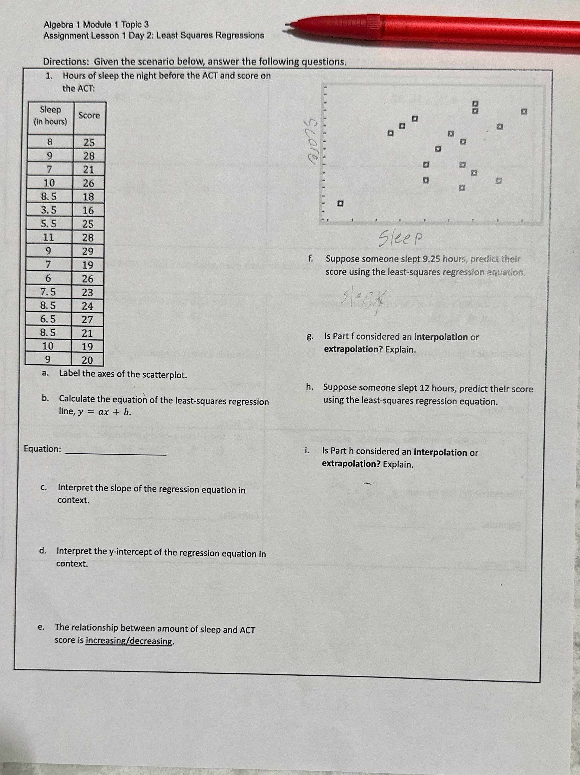  Algebra 1 Module 1 Topic 3 Assignment Lesson 1 Day 2: