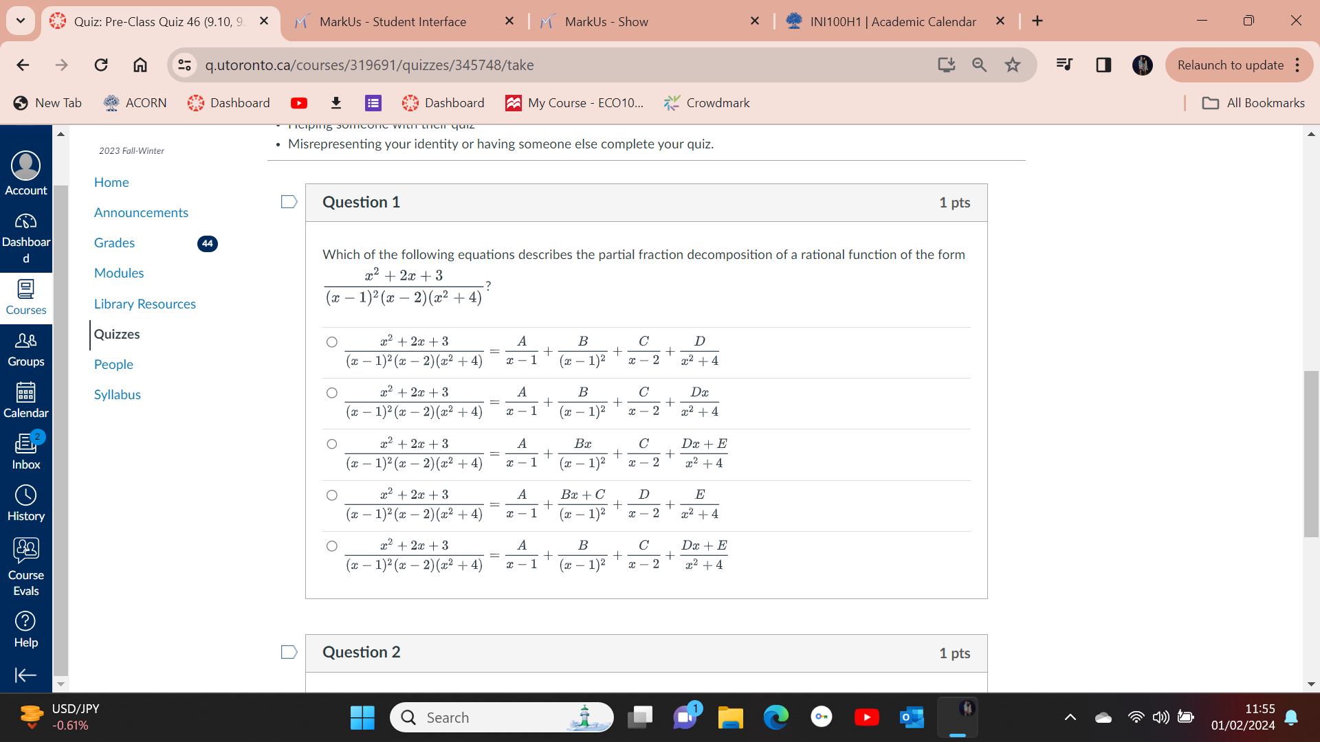 Quiz: Pre-Class Quiz 46 (9.10, 9. > M MarkUs - Student