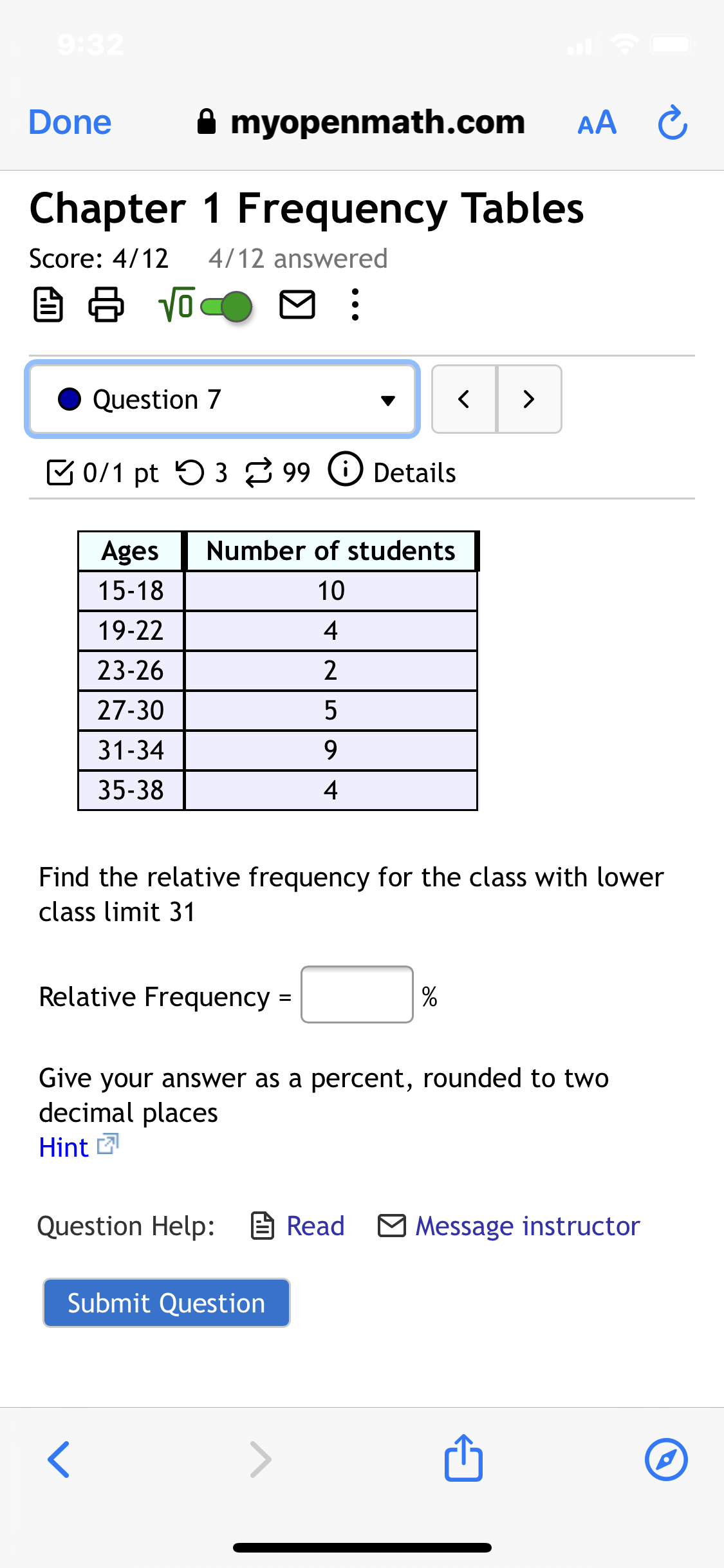 Not good with frequency tables need help Done 9 myopenmath.com AA C,