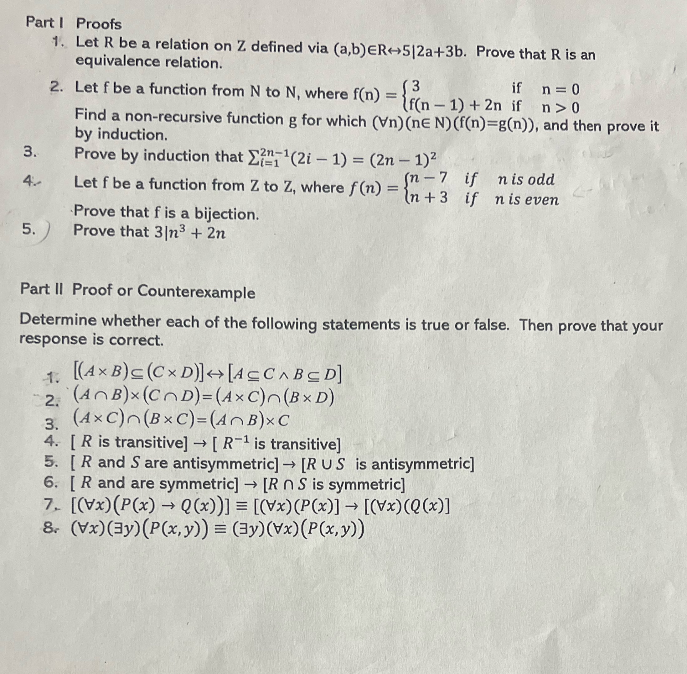 Part | Proofs 1. Let R be a relation on Z