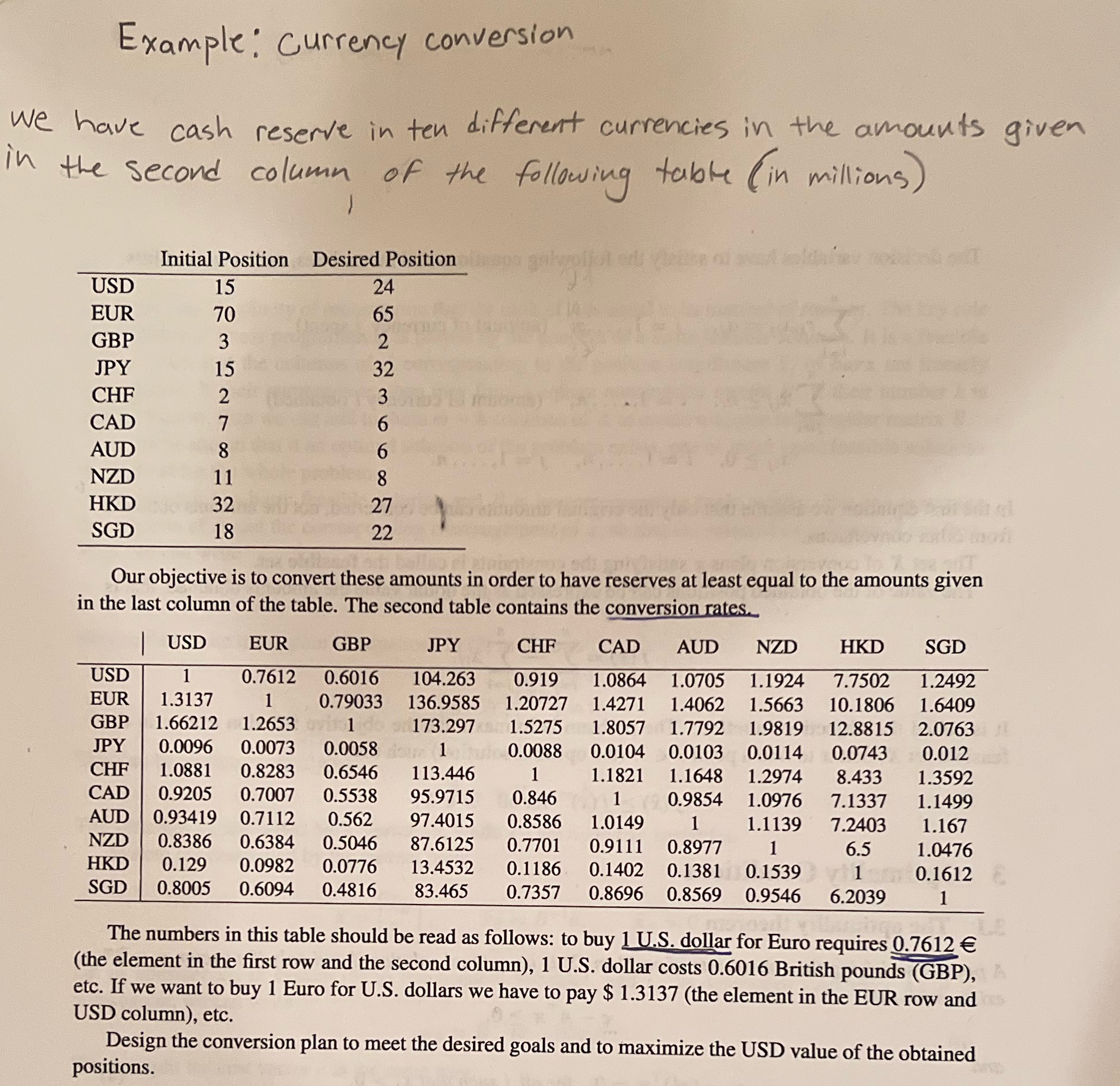 Example : currency conversion We have cash reserve in ten different