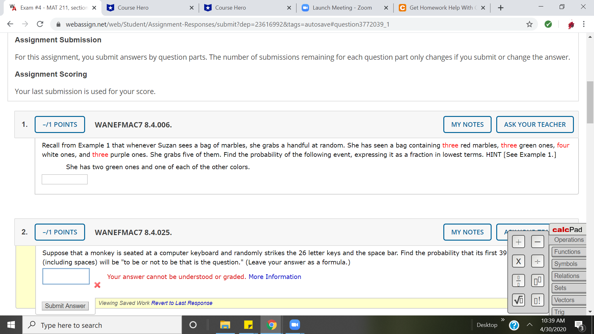 VA Exam #4 - MAT 211, section X Course Hero x