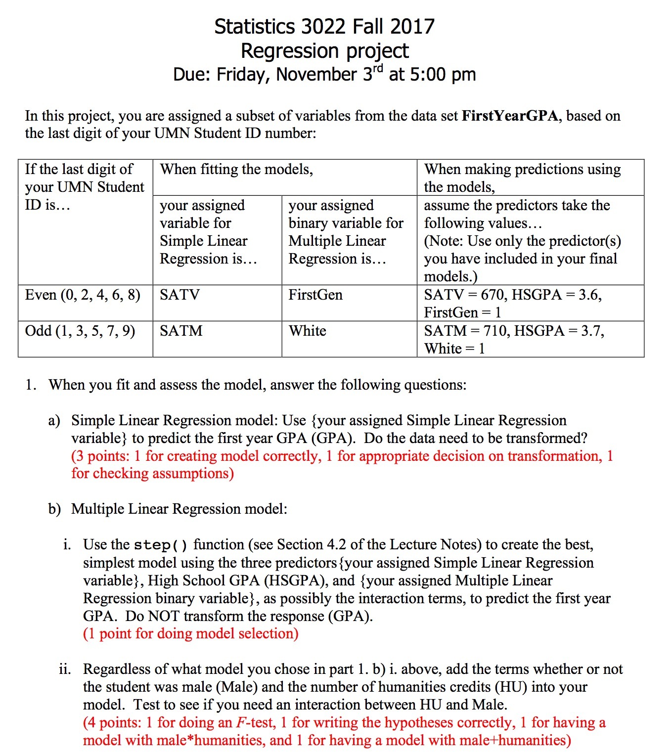  Statistics 3022 Fall 2017 Regression project Due: Friday, November 3rd at