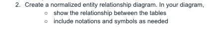 2. Create a normalized entity relationship diagram. In your diagram, =