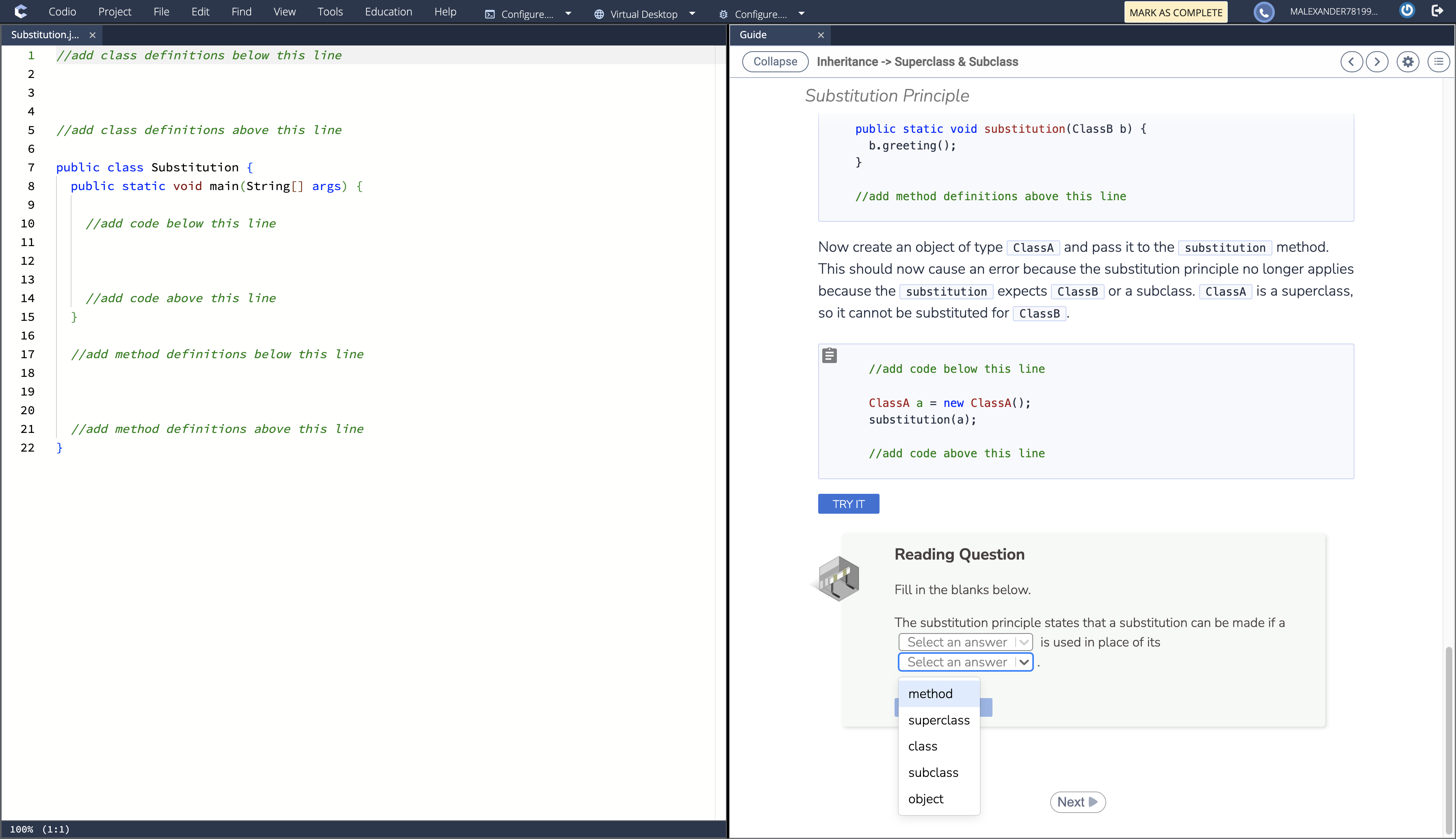  c Codio Project (Z33 Edit Find View ST //add class definitions