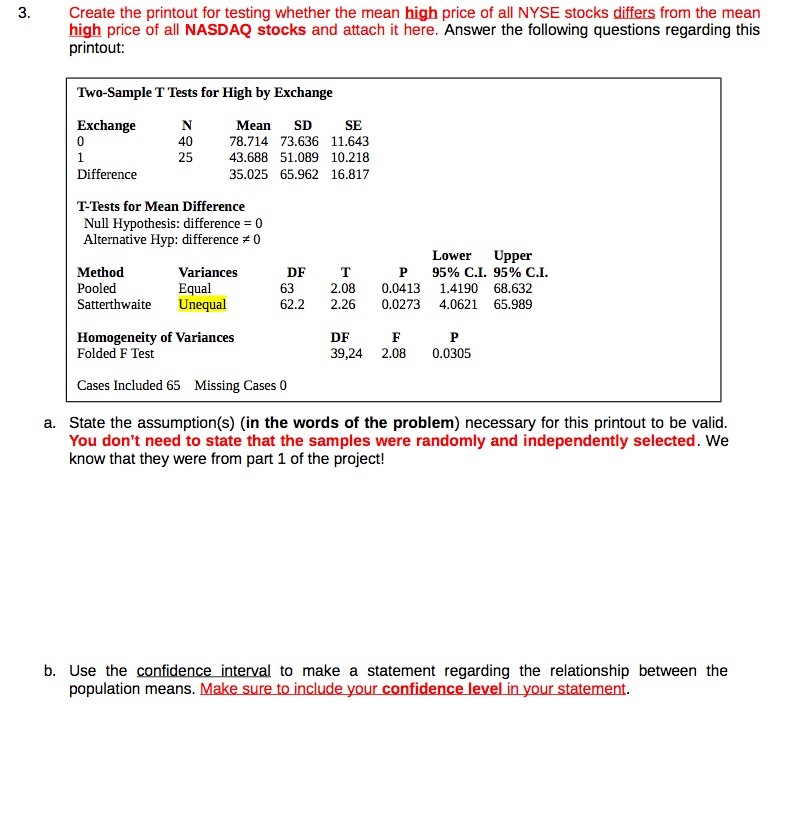 3. Create the printout for testing whether the mean high price