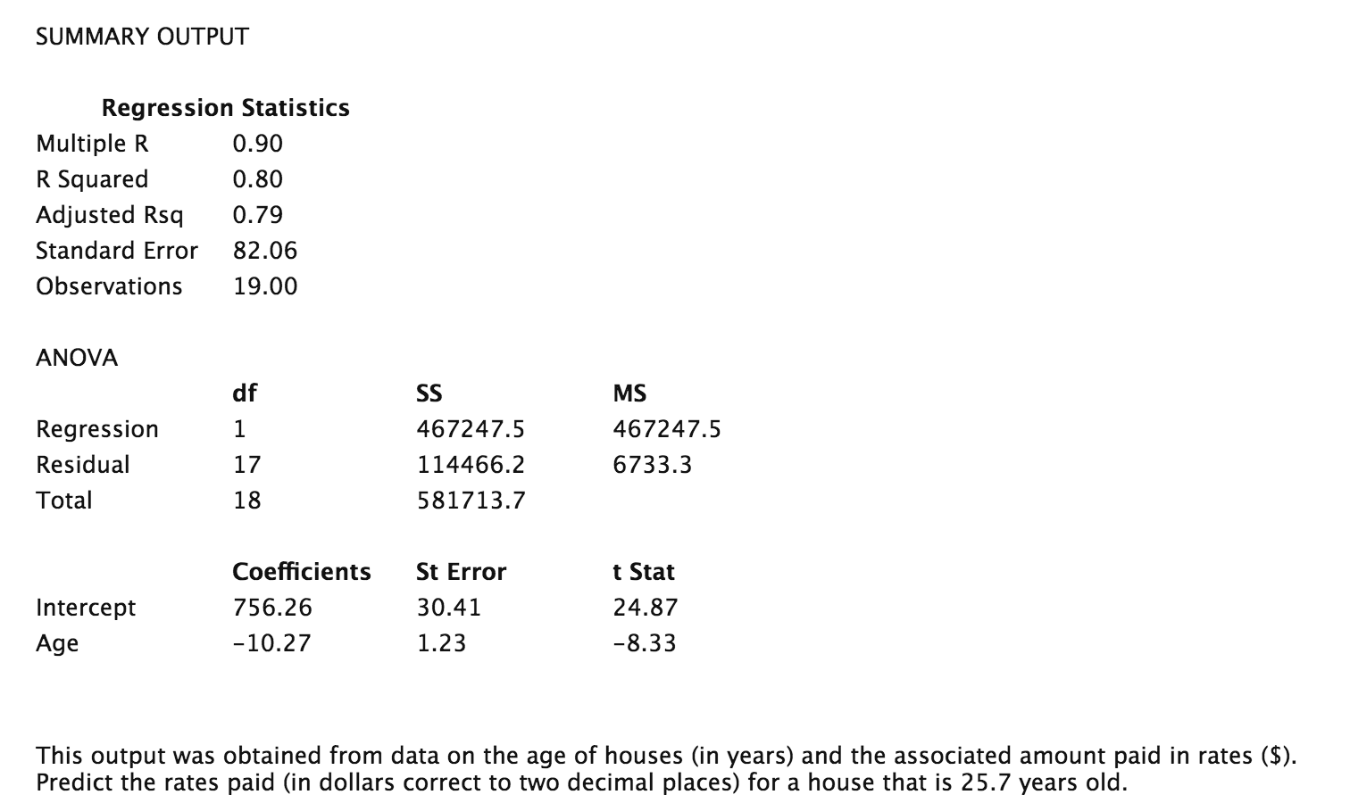  SUM MARY OUTPUT Regression Statistics Multiple R 0.90 R Squared 0.80