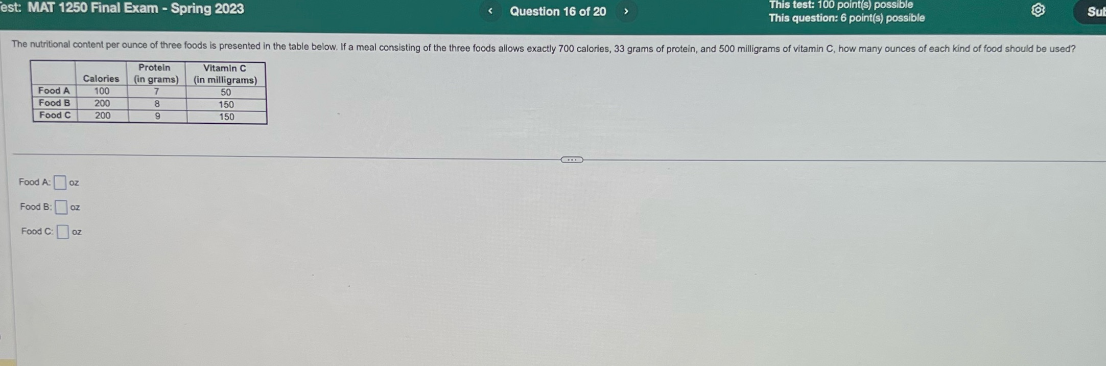 This test: 100 point(s) possible est: MAT 1250 Final Exam -
