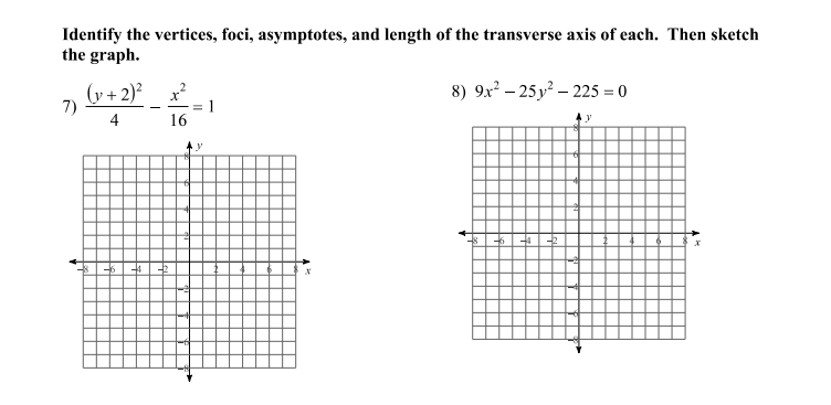 each ellipse. 5) Vertices: (4, -7), (-10, -7) 6) Vertices: (5, 8),
