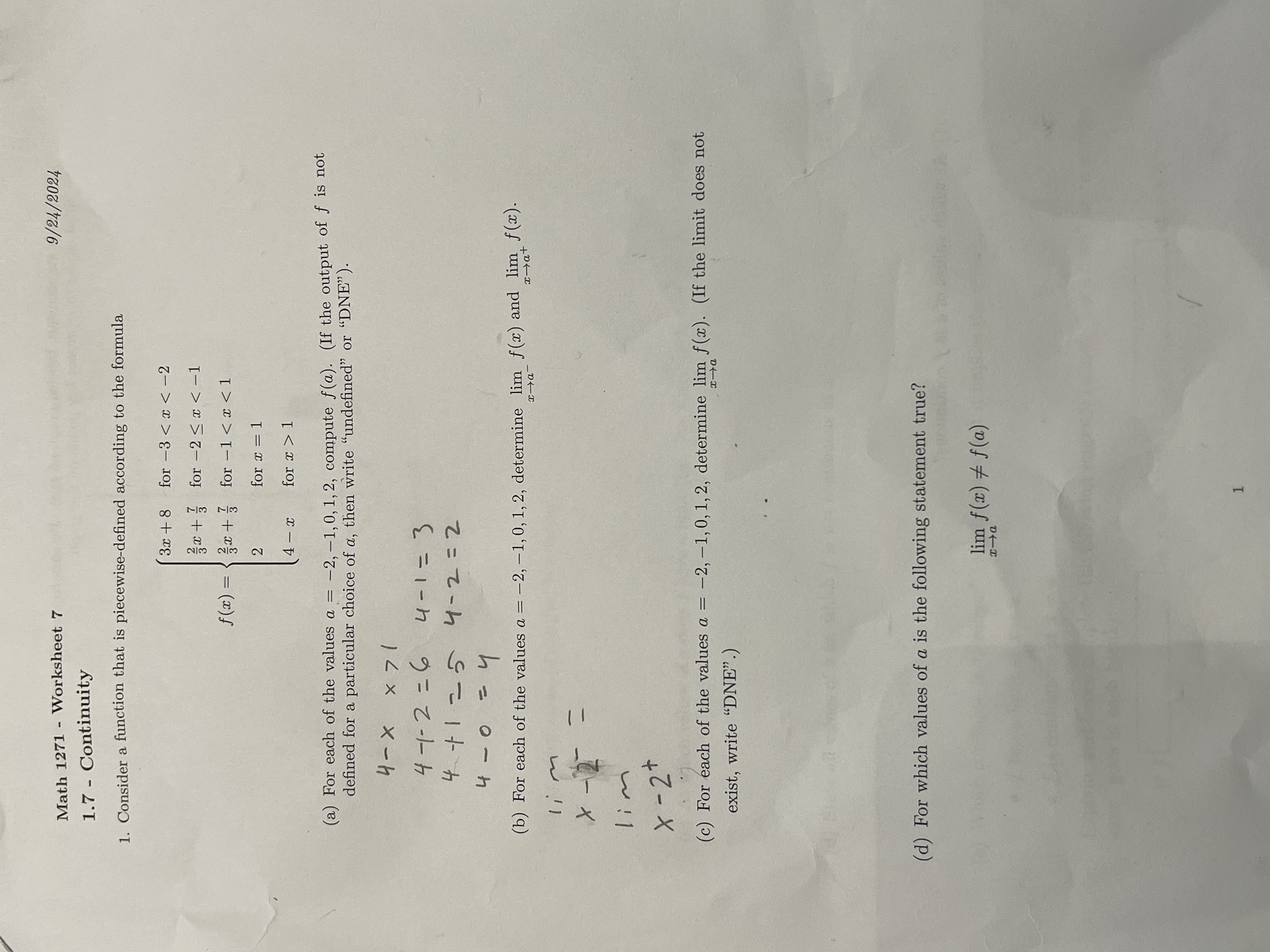  Math 1271 - Worksheet 7 9/24/2024 1.7 - Continuity 1. Consider