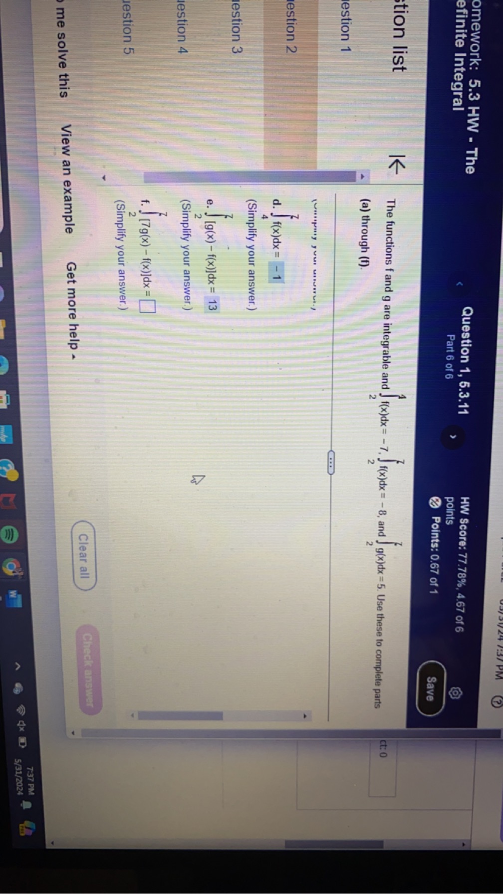  (? omework: 5.3 HW - The efinite Integral Question 1, 5.3.11