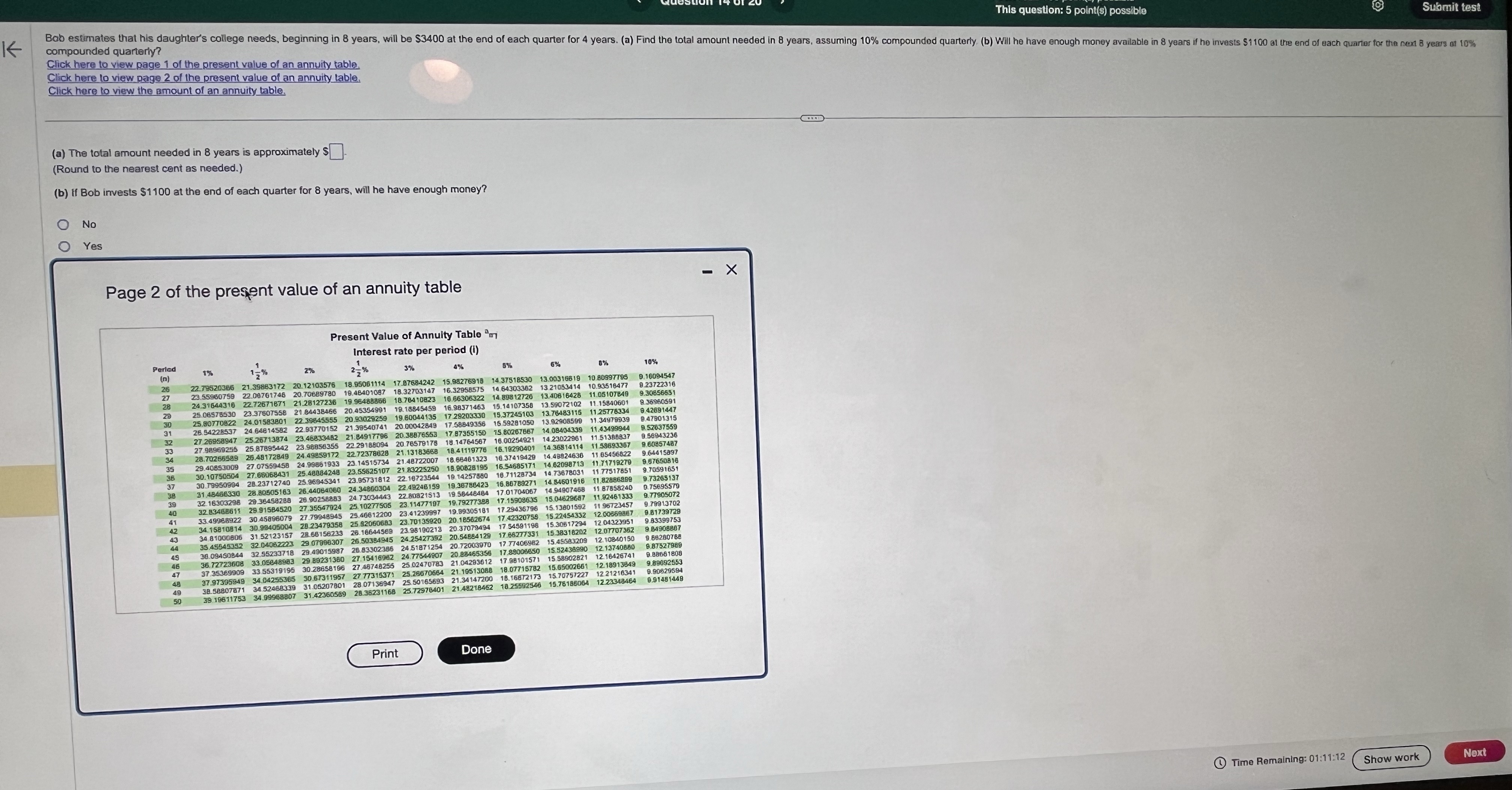  K This question: 5 point(s) possible compounded quarterly? Submit test Bob