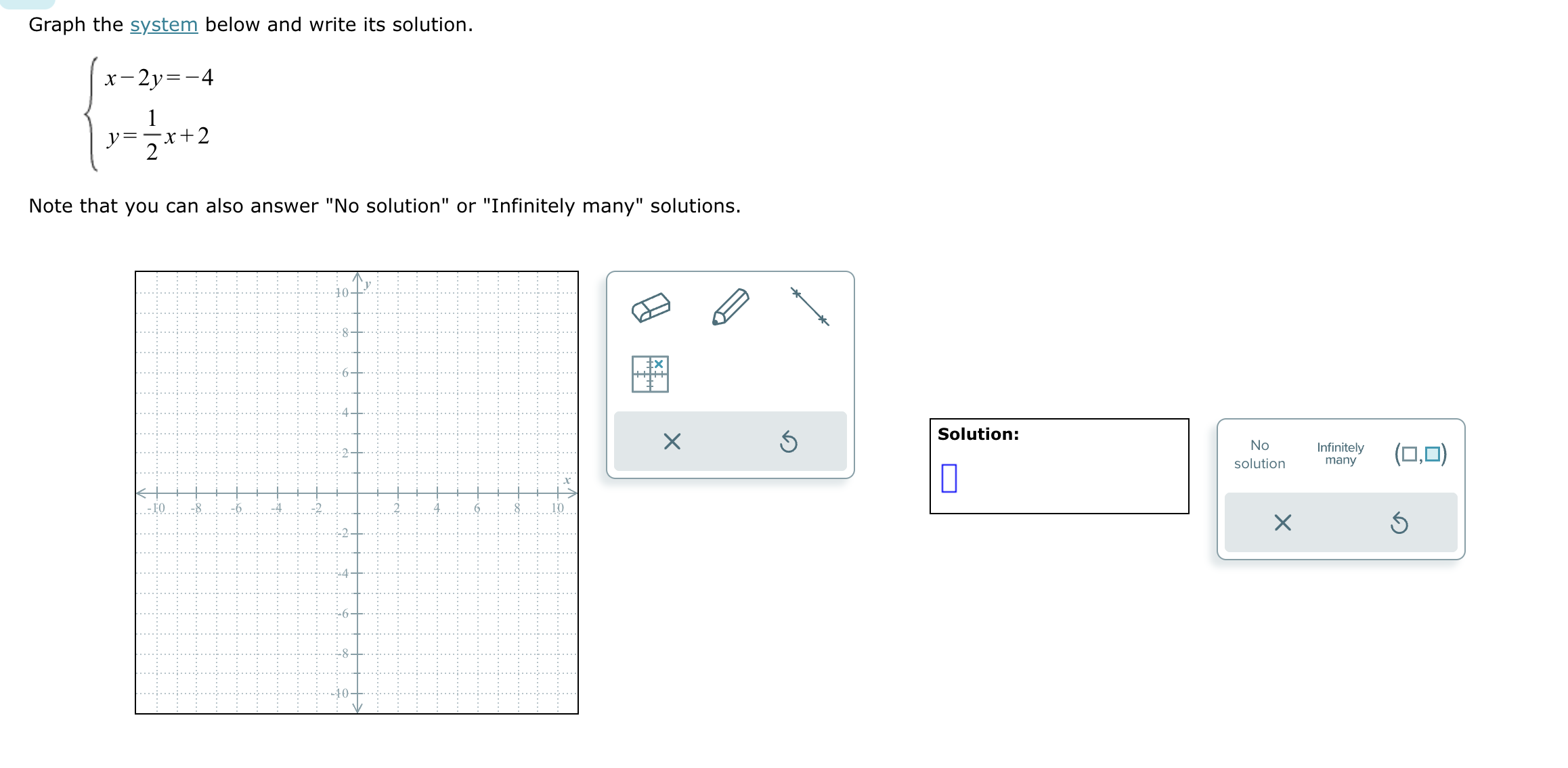  Graph the system below and write its solution. x -2y=-4 x+2