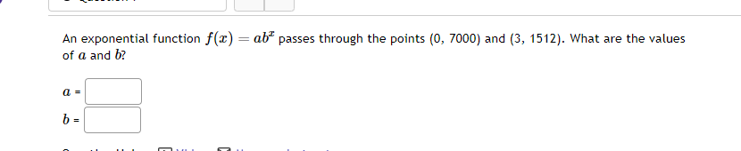 An exponential function x) = ab: passes through the points {0,