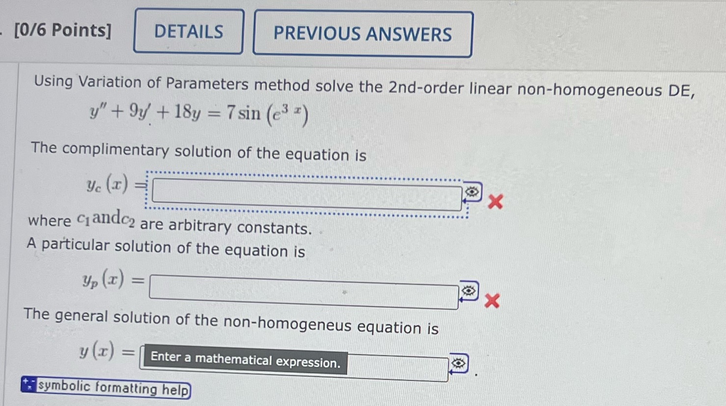 Solve step by step [0/6 Points] DETAILS PREVIOUS ANSWERS Using Variation of