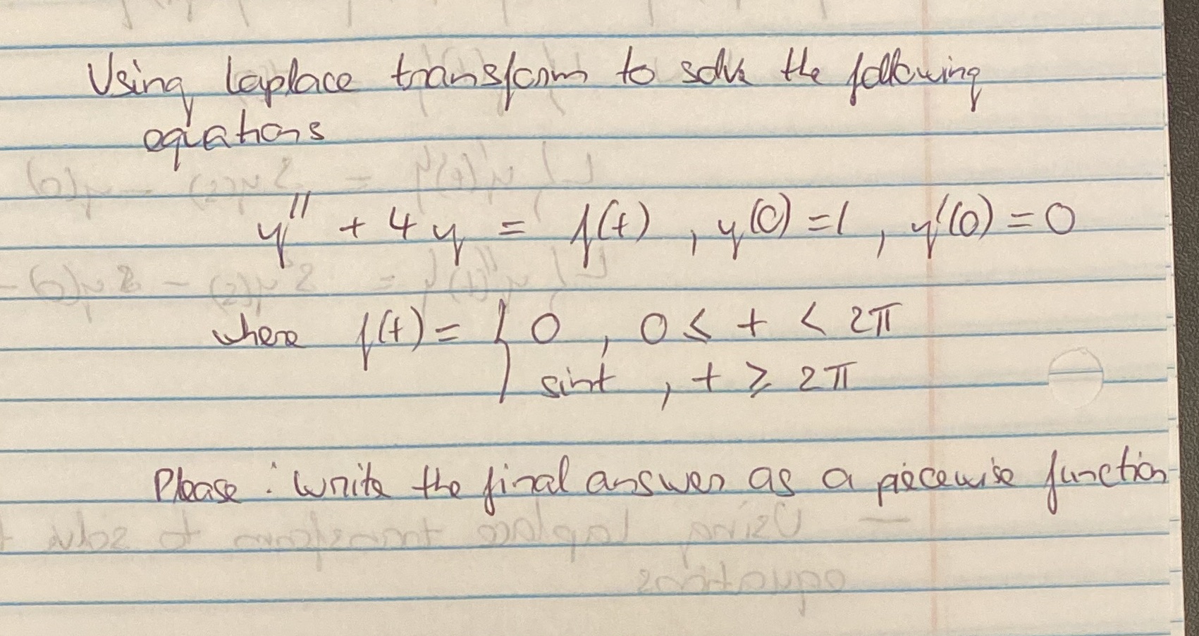 Pls help Using laplace transform to solve the following equations T 4
