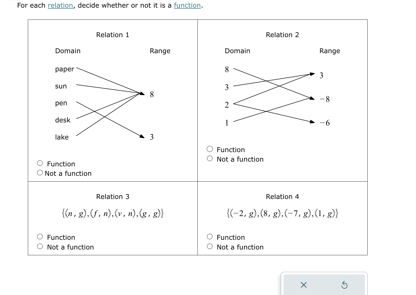  For each relation, decide whether or not it is a function.