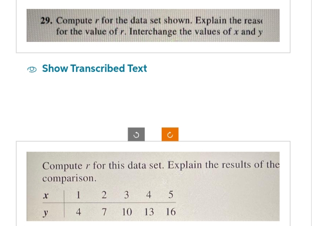  29. Compute r for the data set shown. Explain the reas