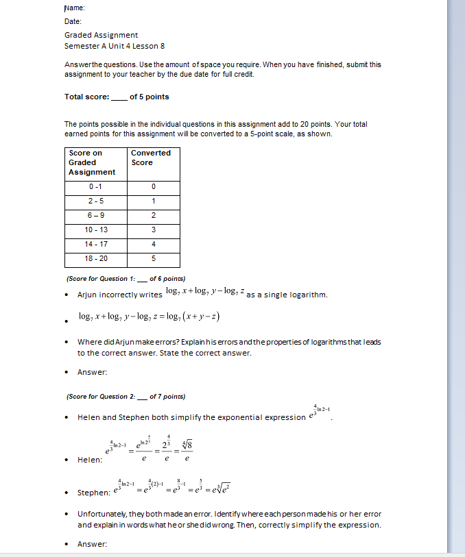 Name: Date: Graded Assignment Semester A Unit 4 Lesson 8 Answerthe